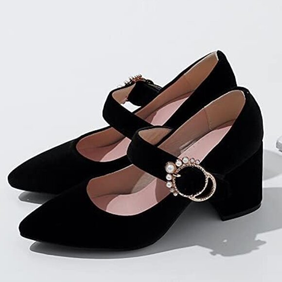 Womens Size 9 Black Velvet Mary Jane Pumps; Chunky Heels, Jewelled Buckles - Picture 1 of 7